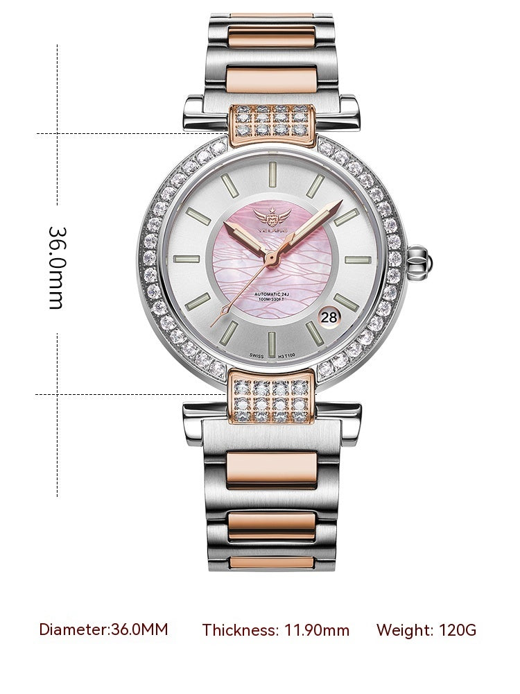 Montre femme Hemys ronde, lunette sertie de pierres, cadran blanc, bracelet acier.