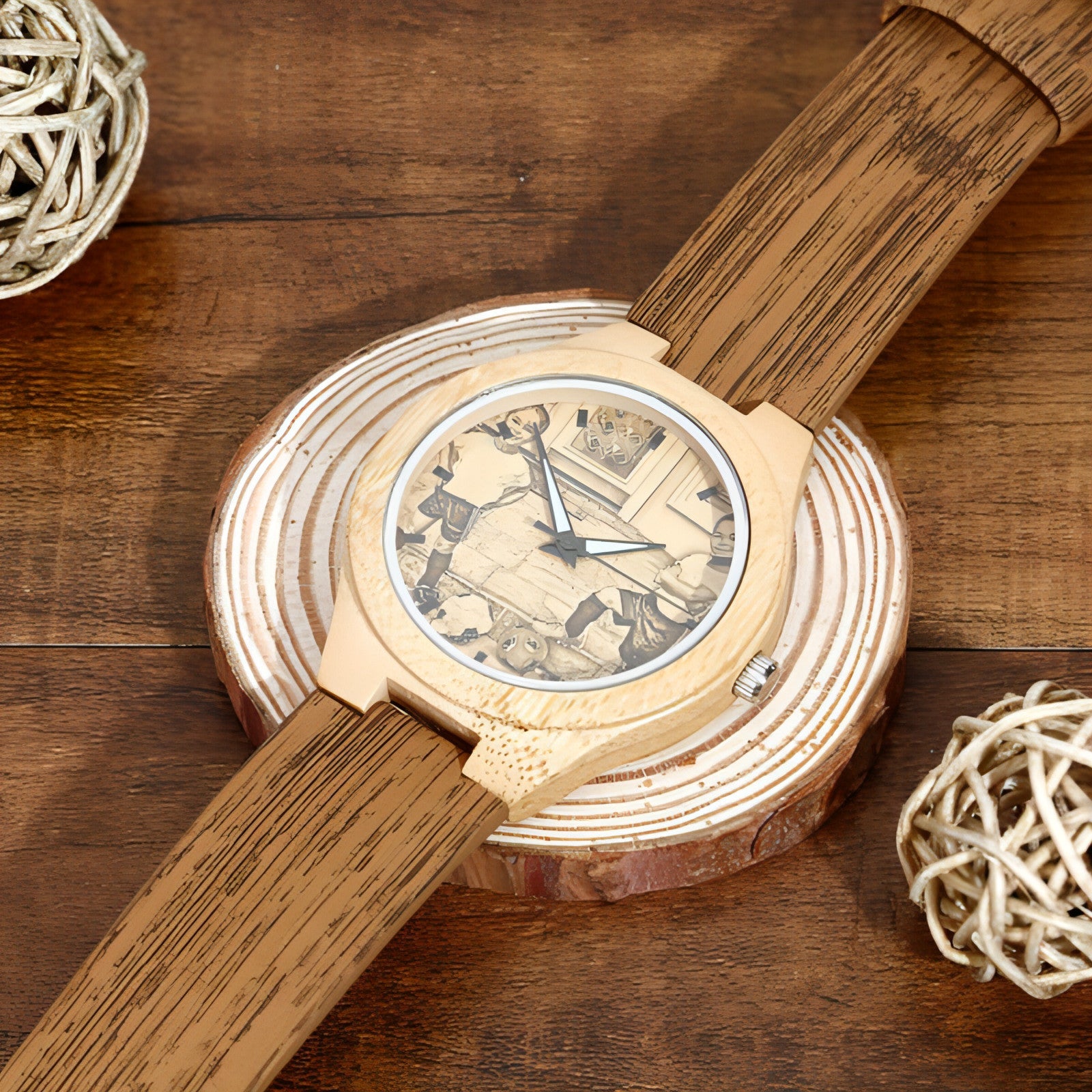 Montre en bambou gravé, cadran photo rond, bracelet brun, vue inclinée