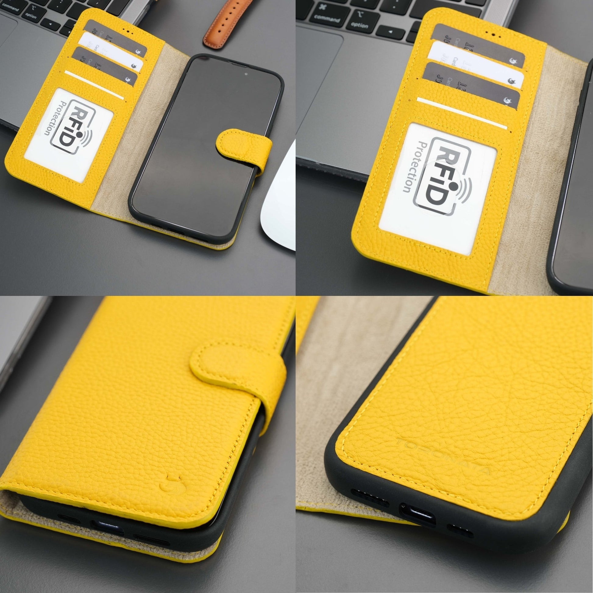 Coque portefeuille jaune en cuir : vue rabat cartes et vue dos de l’iPhone.