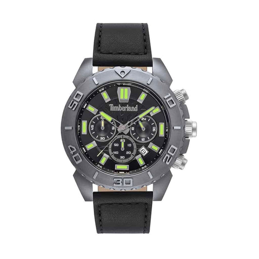 Montre chronographe: cadran noir, bracelet cuir noir, boîtier gris foncé, cadrans verts