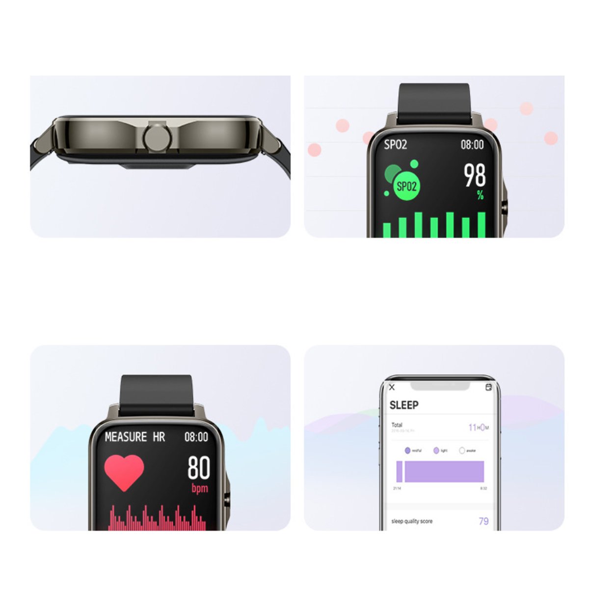 Montre connectée bracelet noir, cadran noir avec mesures, vue de face et de profil