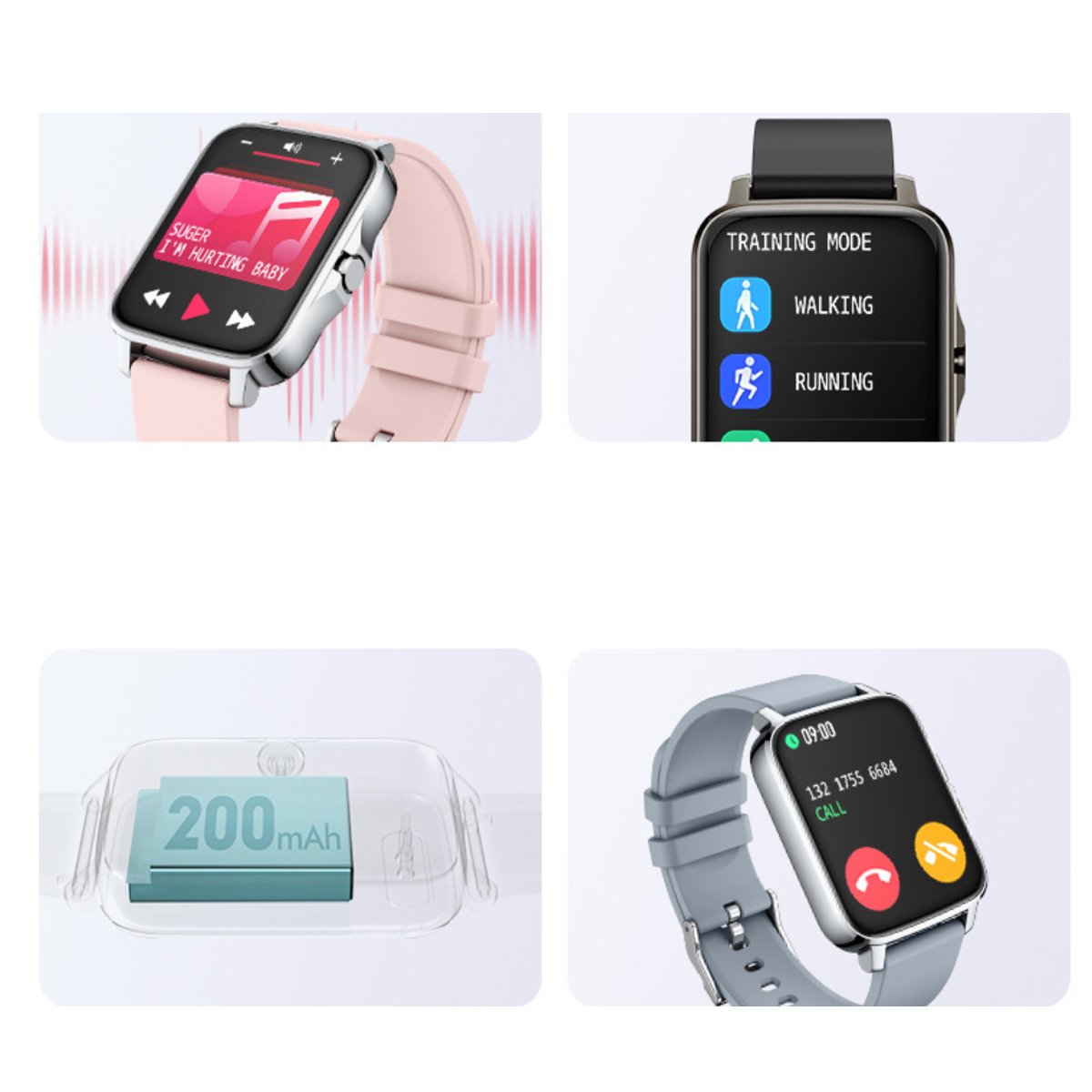 Montre connectée : bracelet rose avec écran d’activité, bracelet noir en mode entraînement