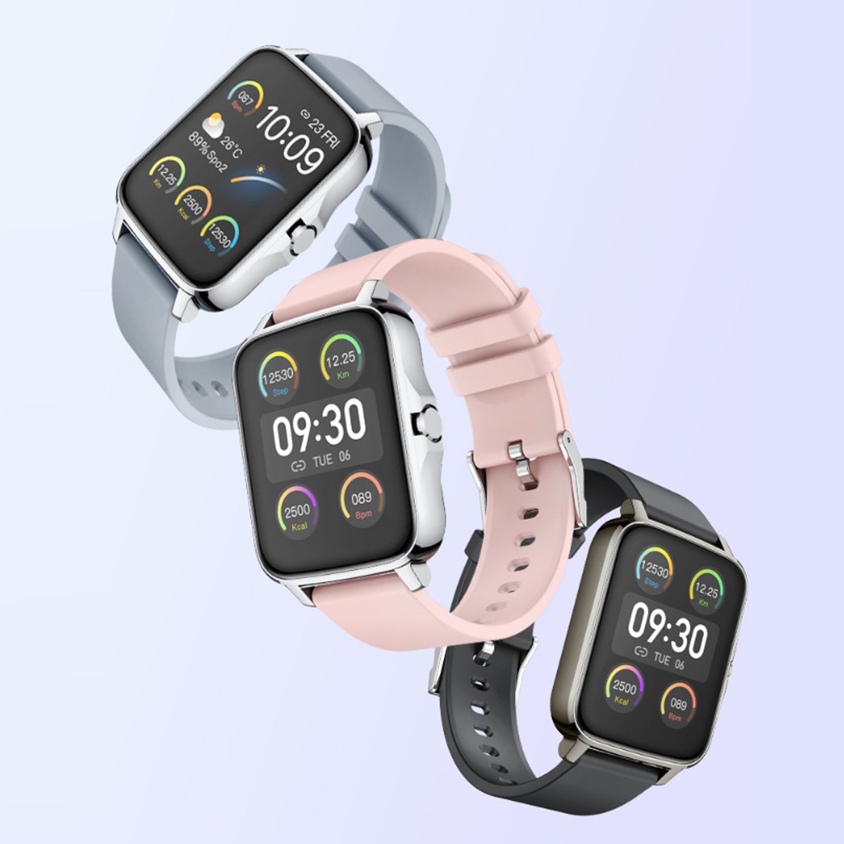 Montres connectées : bracelet gris, rose et noir, cadrans noirs affichant l’heure