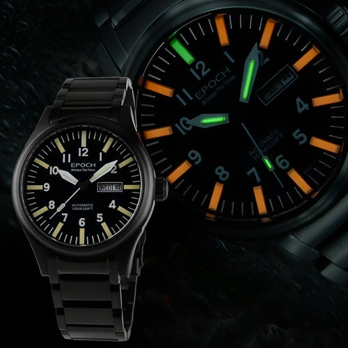 Montre automatique homme EPOCH cadran noir, bracelet noir, index lumineux orange et vert.