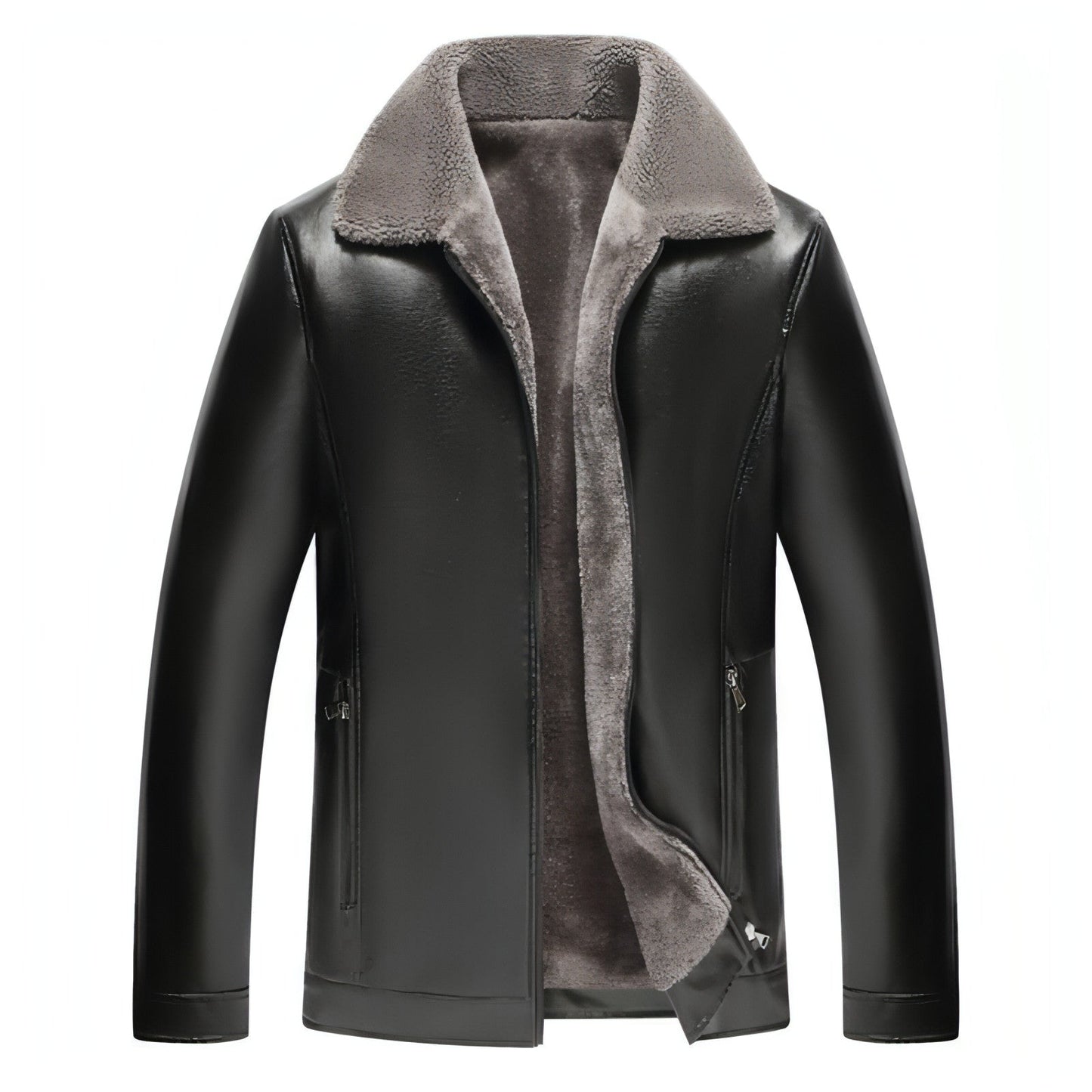 Veste en cuir noire, doublure polaire grise, col polo, zip frontal