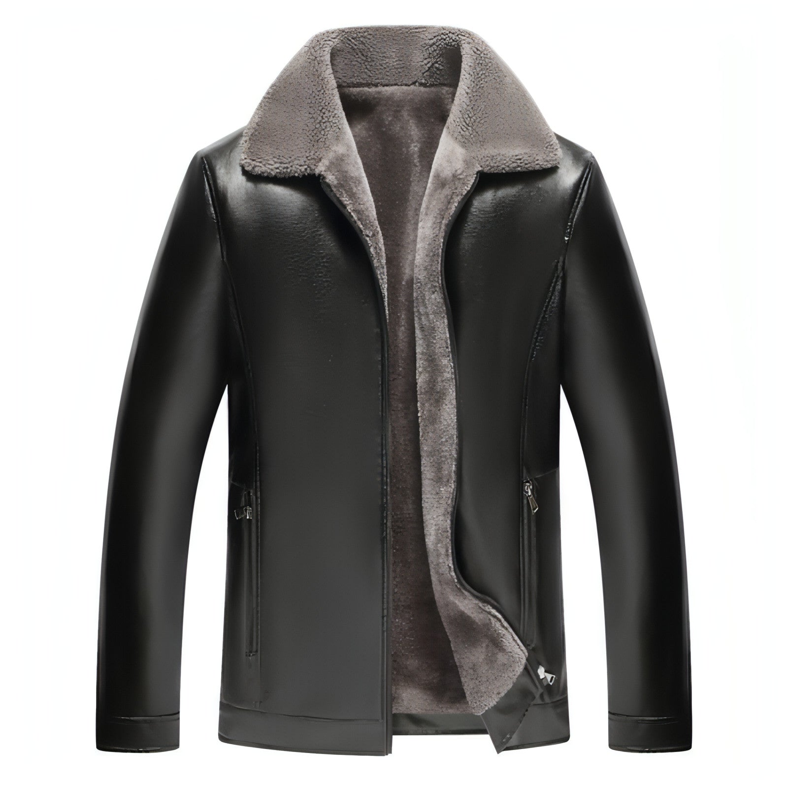 Veste en cuir noire, doublure polaire grise, col polo, zip frontal