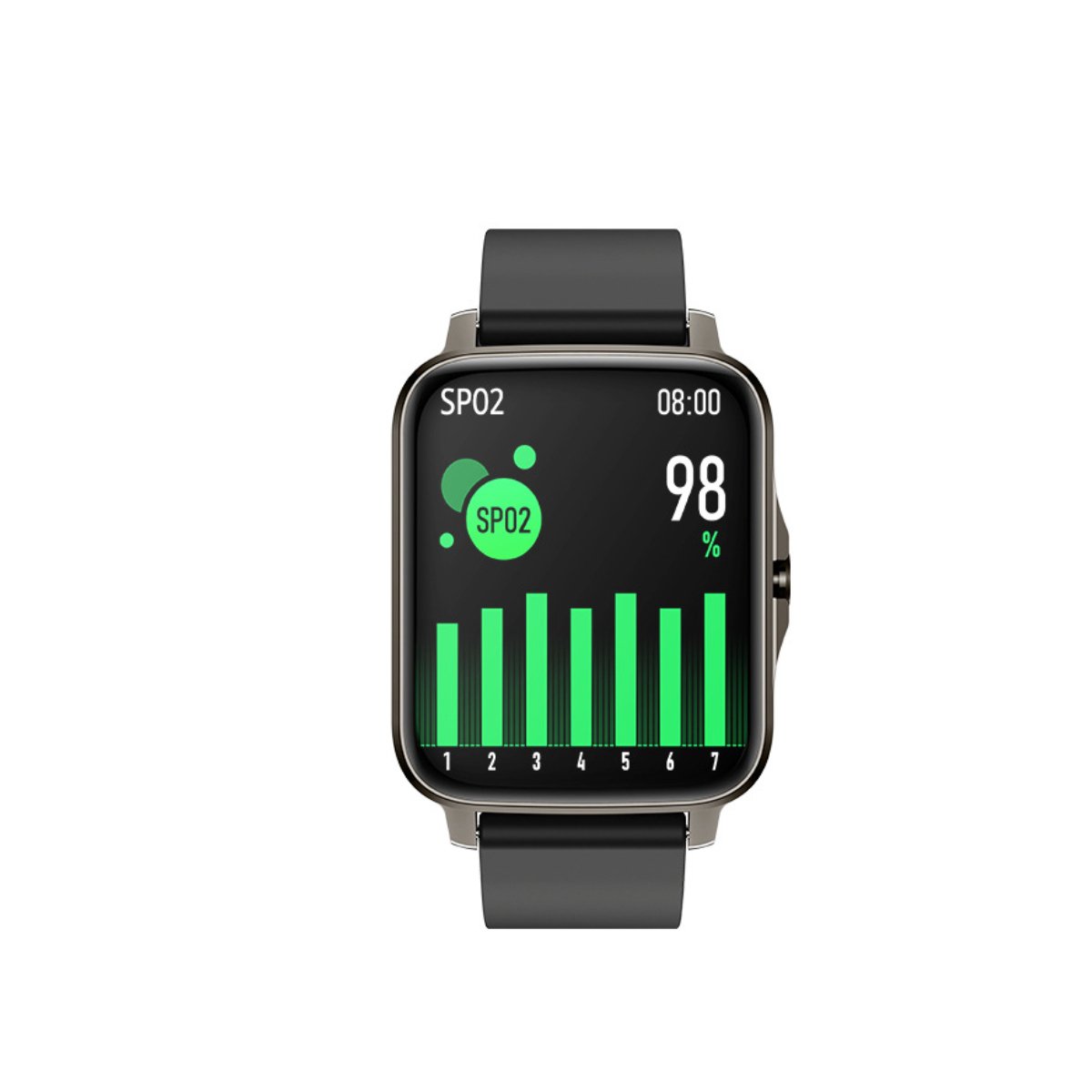 Montre connectée bracelet noir, cadran noir avec SpO2 et % 98