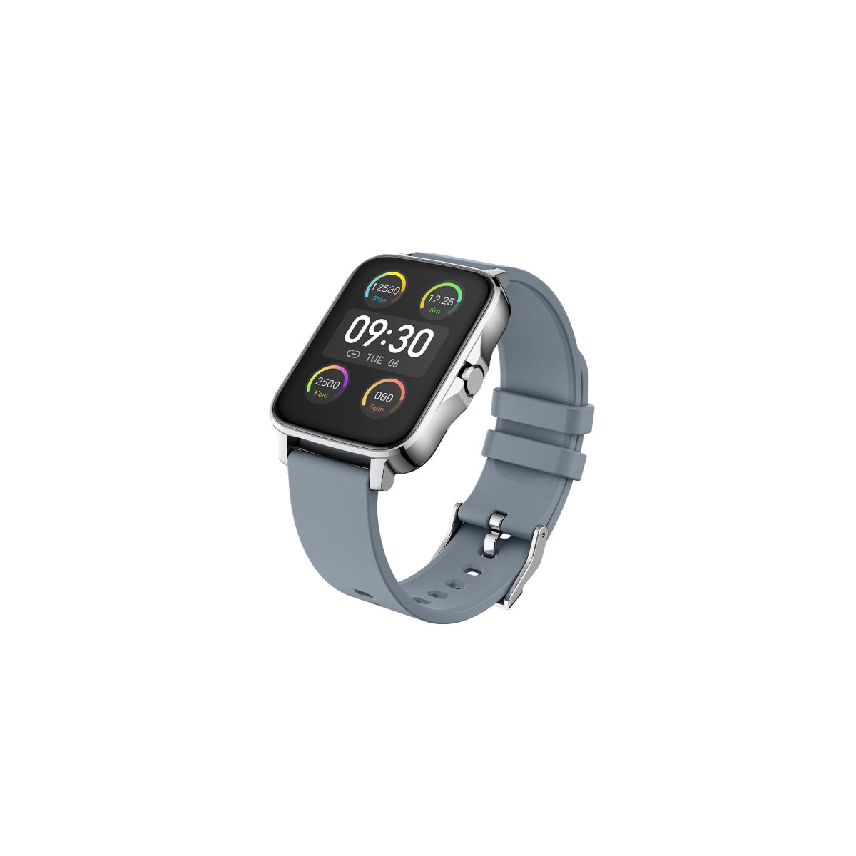 Montre connectée avec boîtier argenté et bracelet gris, cadran noir à indicateurs.