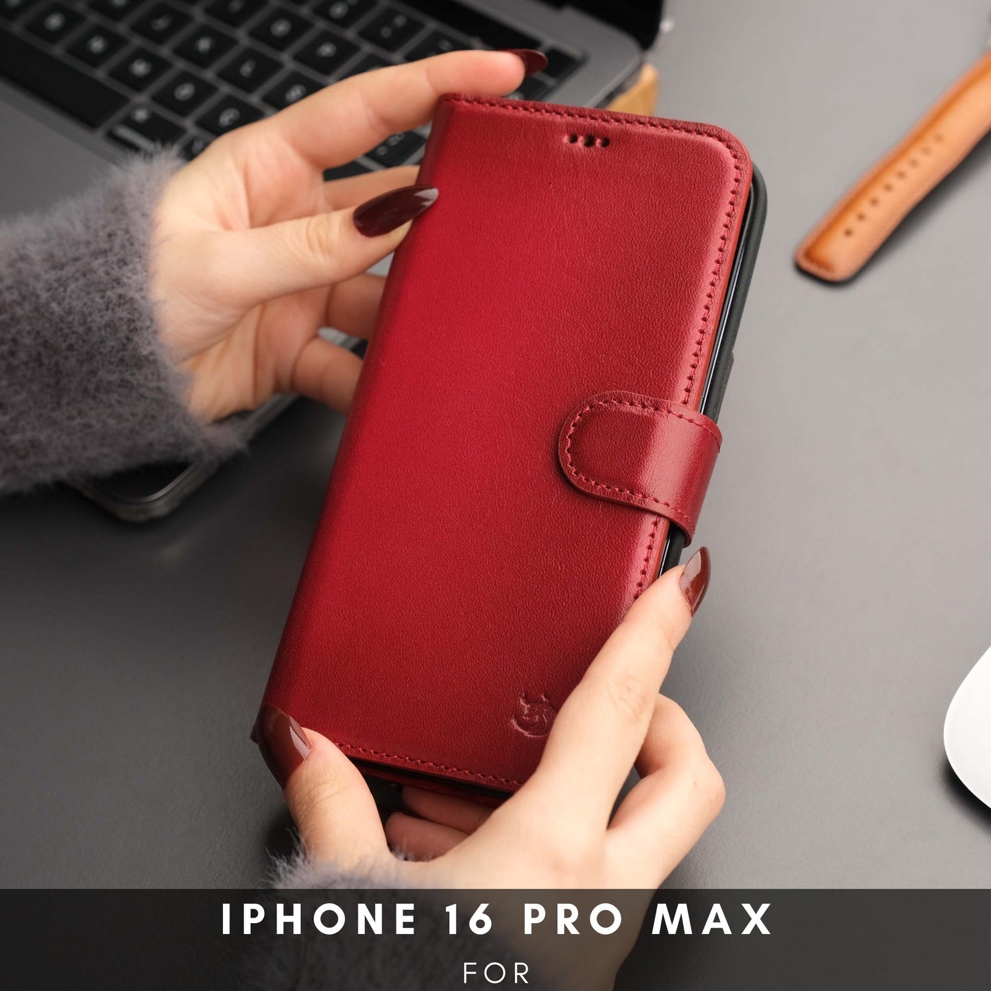Coque portefeuille en cuir rouge avec rabat, béquille et protection intégrale