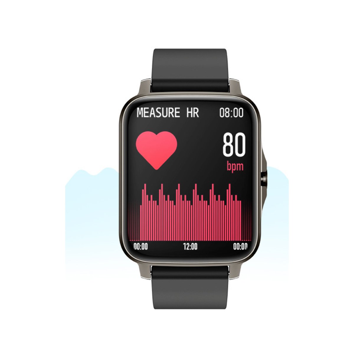 Montre connectée bracelet noir, cadran noir avec cœur et 80 bpm