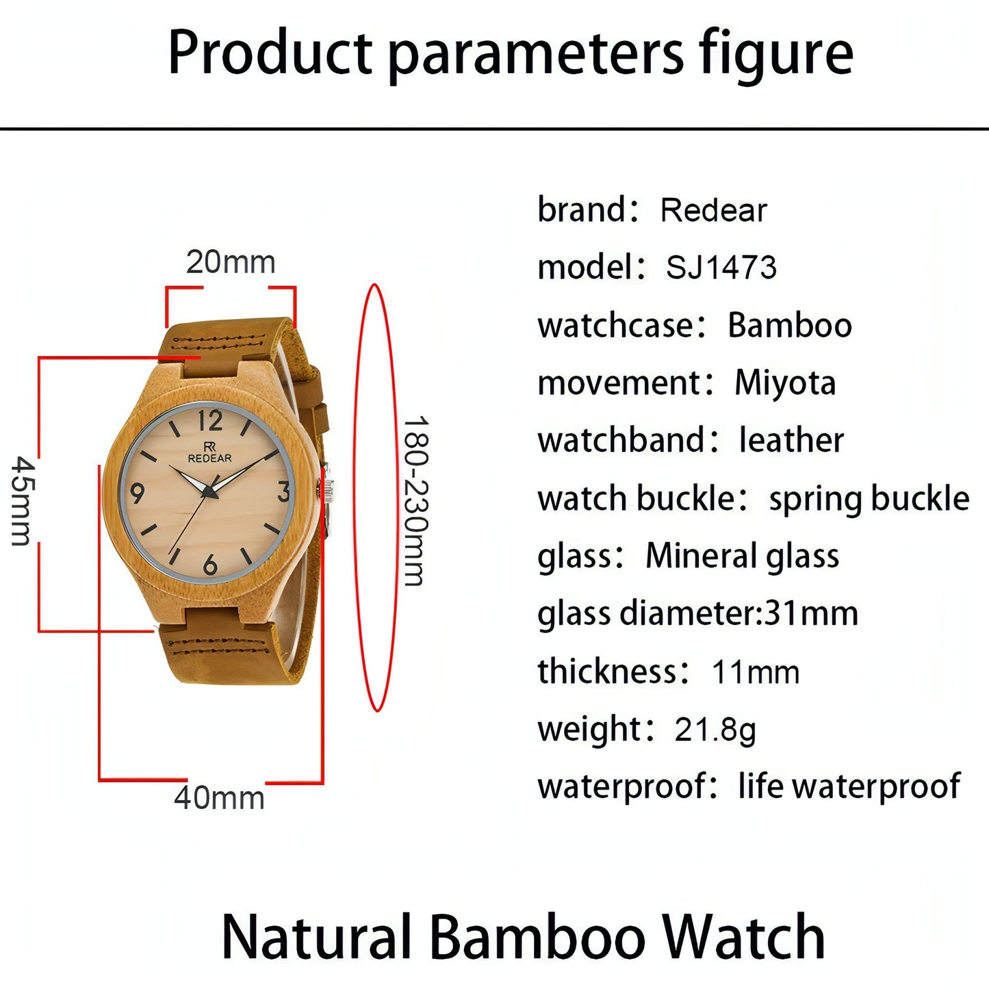 Schéma de montre en bambou: bracelet cuir brun, cadran, dimensions 40 mm