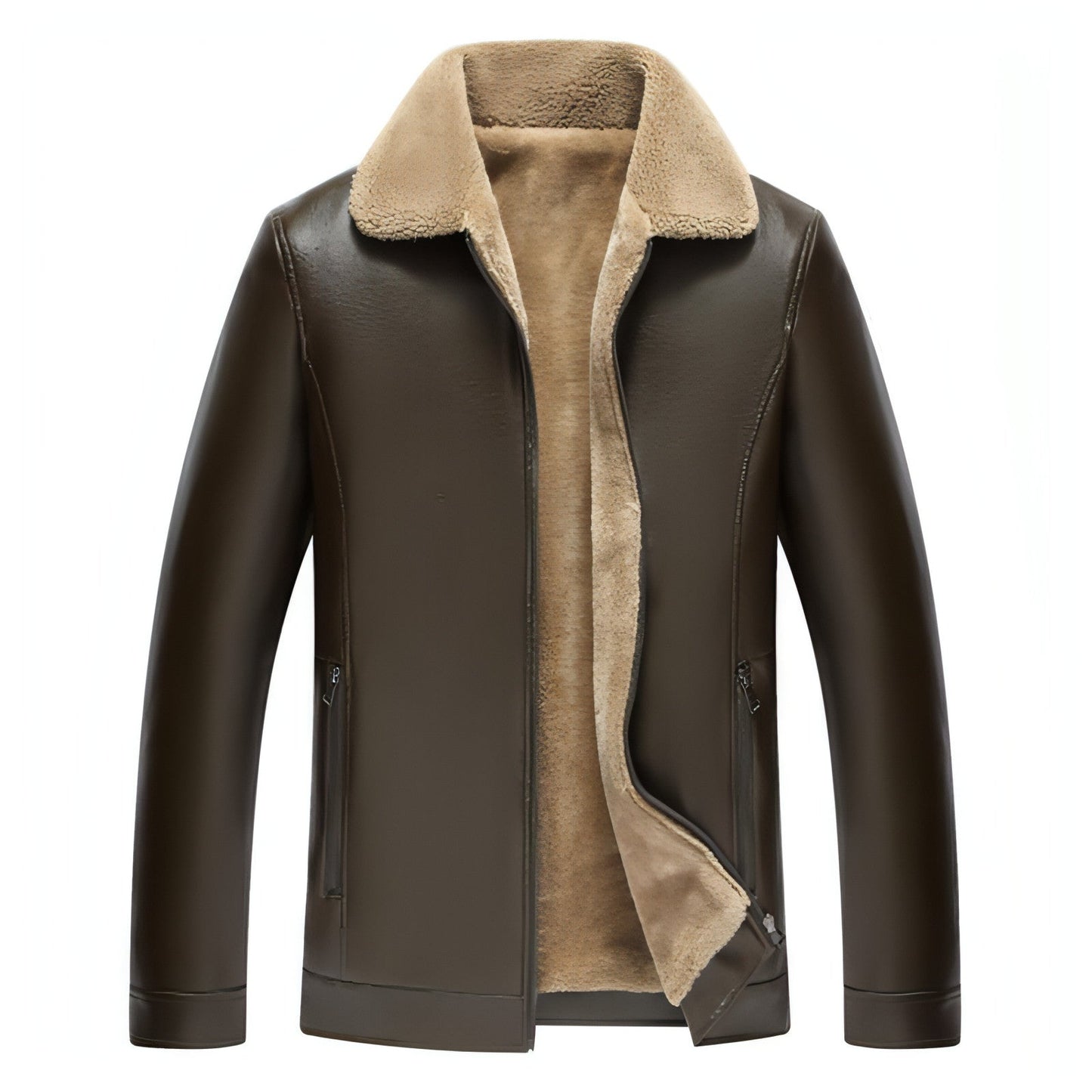 Veste en cuir marron foncé, col polo en polaire beige, fermeture zippée