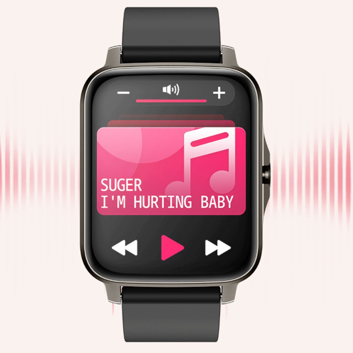 Montre connectée bracelet noir, cadran musique rose avec boutons de contrôle