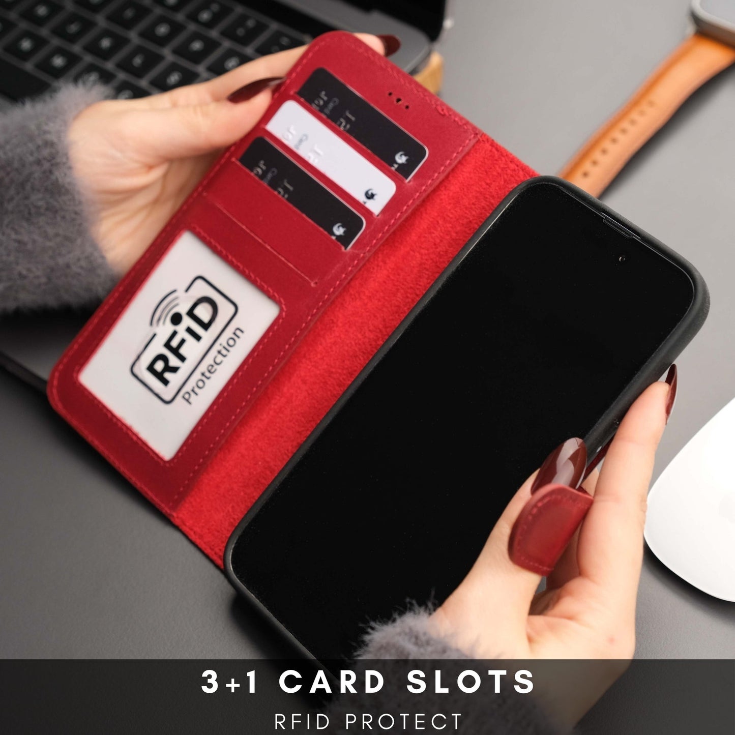 Coque portefeuille en cuir rouge ouverte avec protection RFID, emplacements cartes, MagSafe.