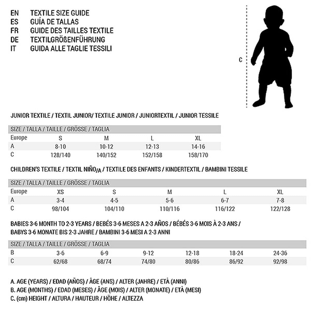 Guide des tailles Nike Flex Ace : tableau juniors avec âges et hauteurs.