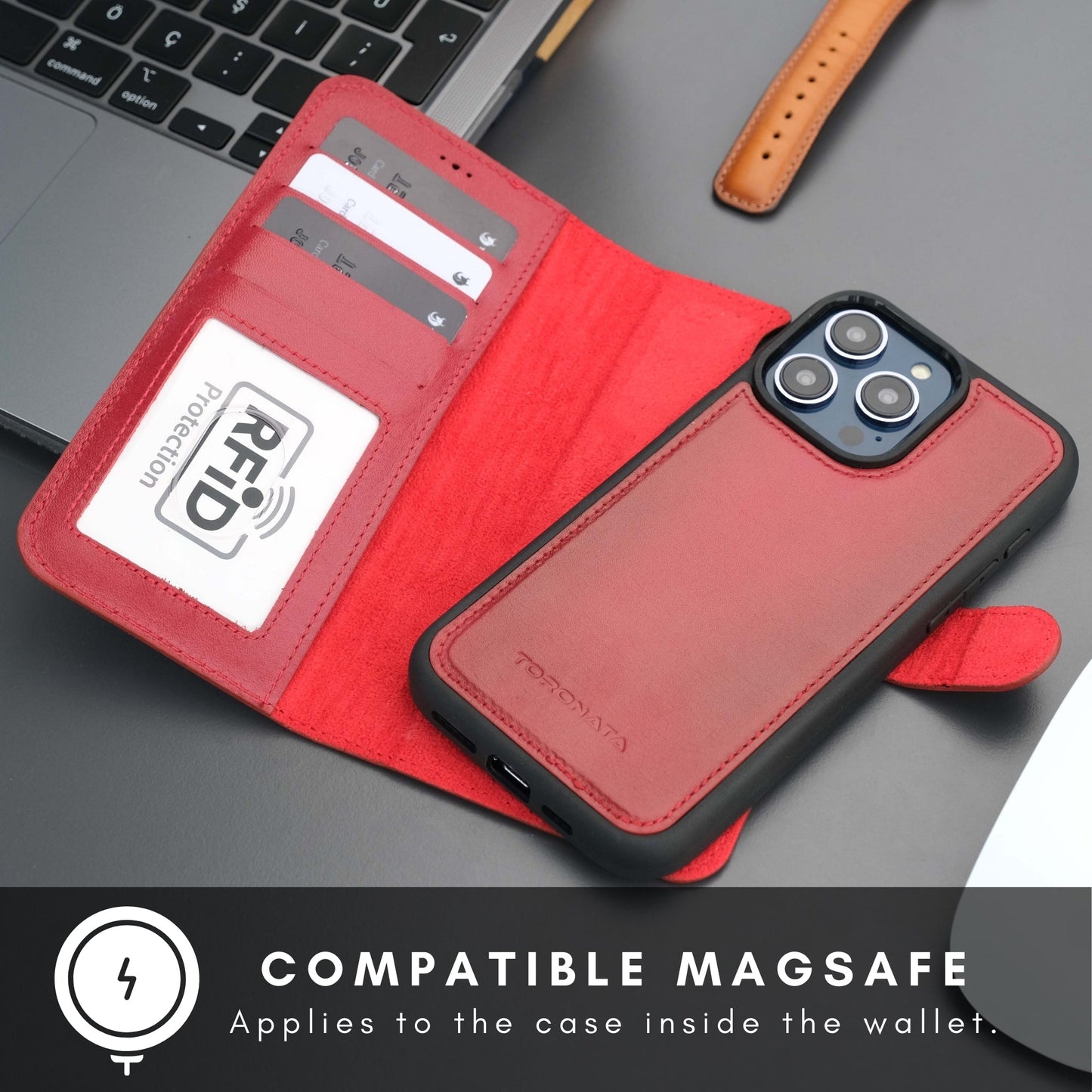 Coque portefeuille en cuir rouge bicolore, ouverture pour cartes et dos pour iPhone