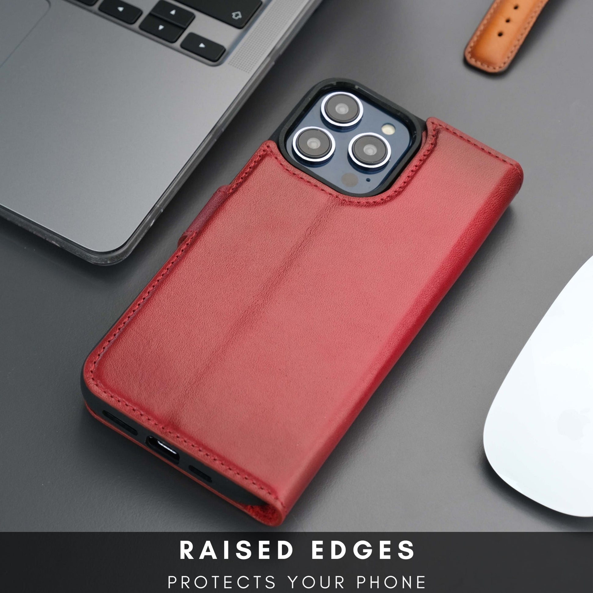 Coque portefeuille en cuir rouge, fermeture par rabat, protection des bords pour iPhone.