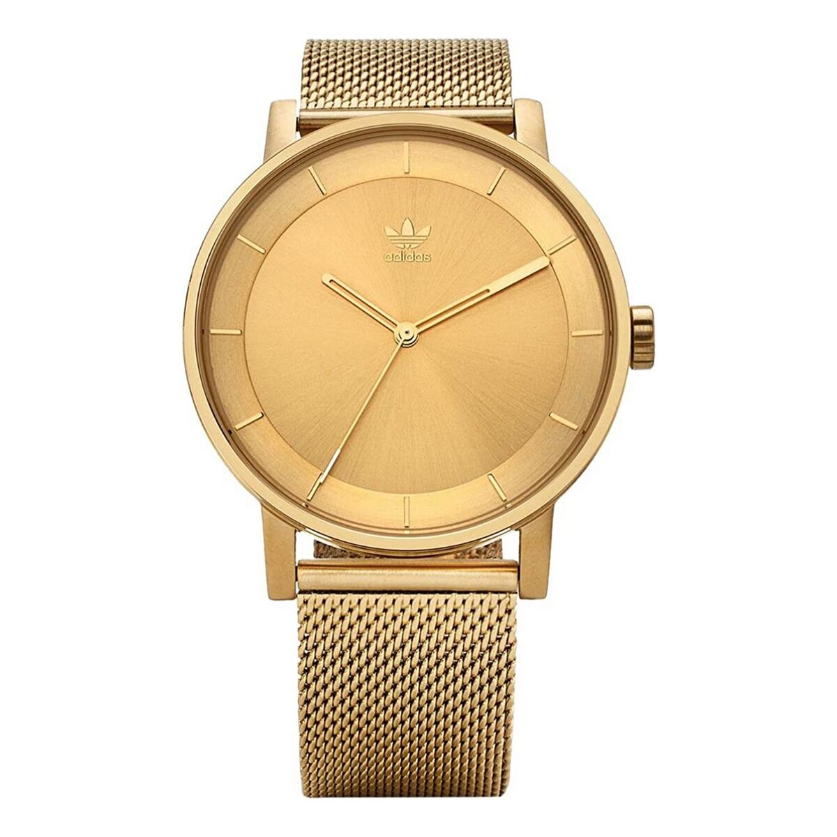 Montre Adidas boîtier doré, cadran doré, aiguilles fines, bracelet maille tressée.