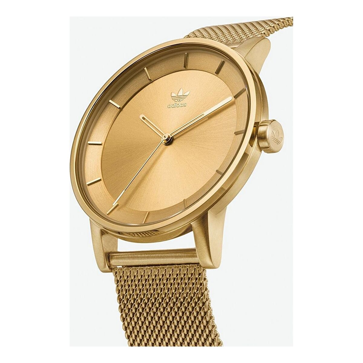 Montre Adidas boîtier doré, cadran doré, aiguilles et bracelet maille tressée.