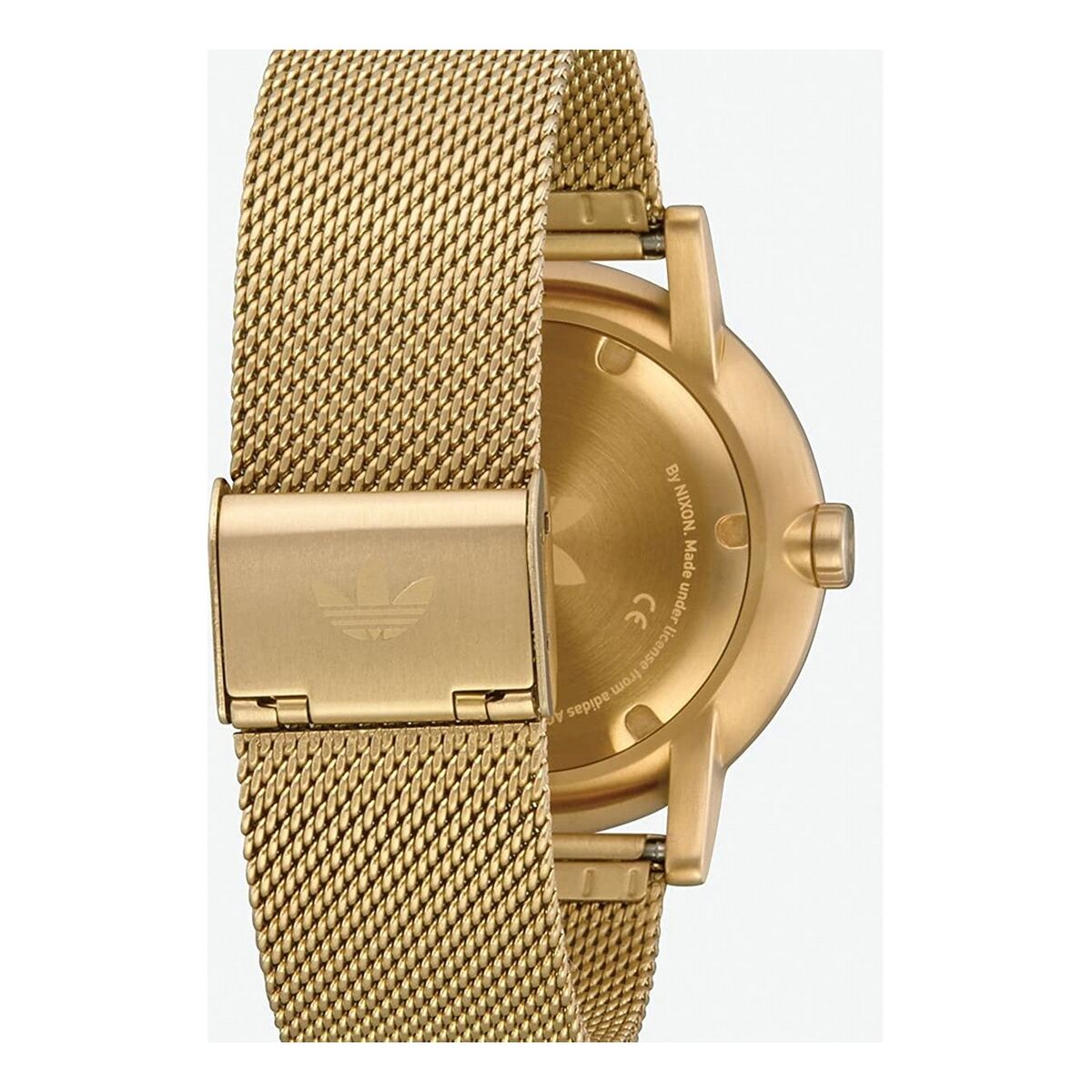 Montre Adidas dorée, vue latérale du fond de boîtier et de la couronne