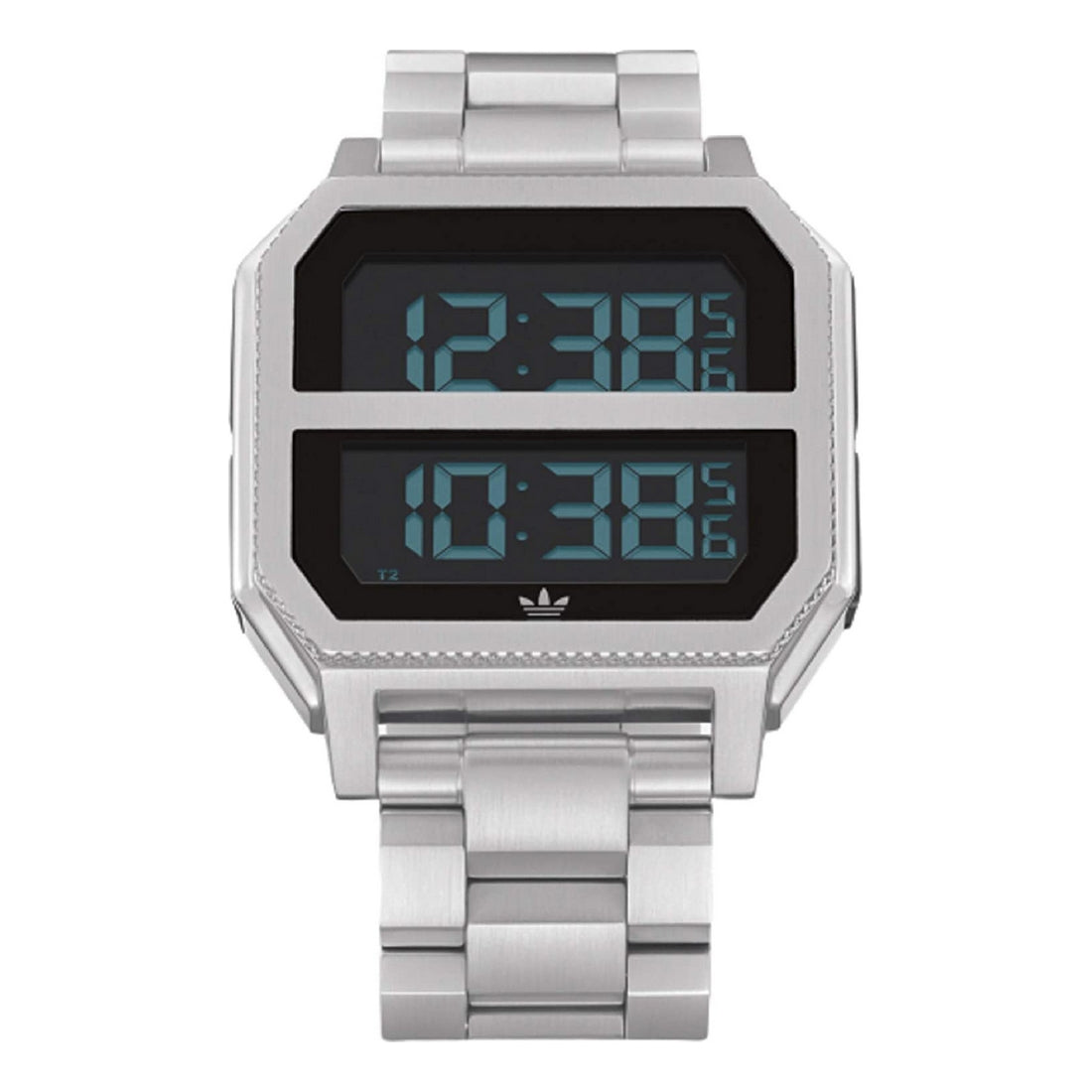Montre digitale Adidas à écran noir, boîtier argent et bracelet en métal