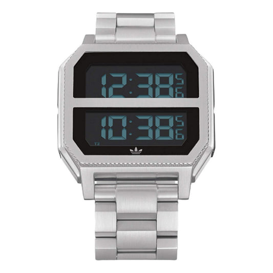 Montre digitale Adidas à écran noir, boîtier argent et bracelet en métal