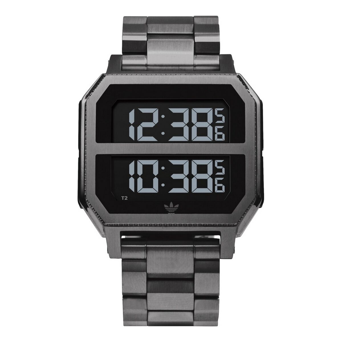 Montre digitale Adidas boîtier noir, bracelet en métal gris foncé et écran à chiffres