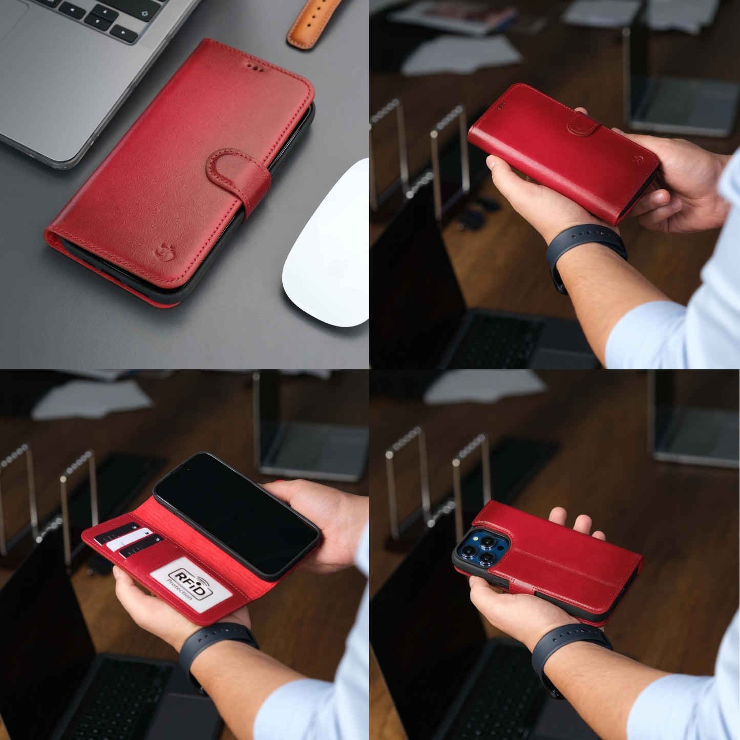 Coque portefeuille cuir rouge pour iPhone avec rabat et fermeture, vue sur le dessous
