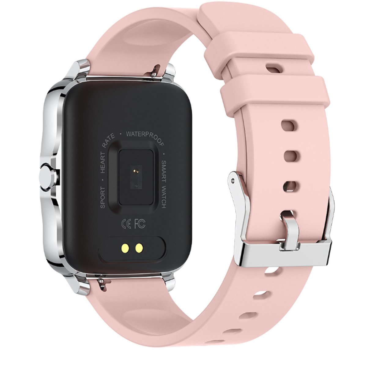 Montre connectée avec bracelet rose clair et boîtier argenté, écran noir