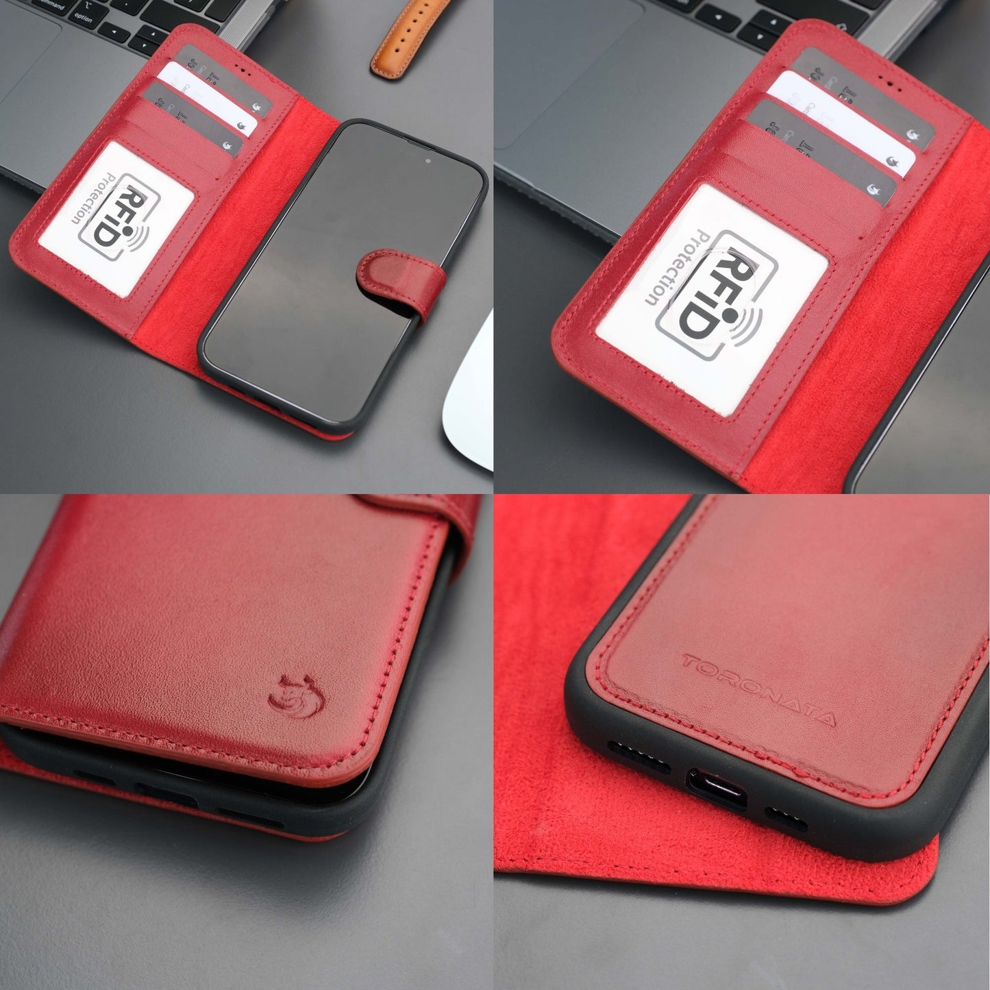 Coque portefeuille cuir rouge avec support RFID, rabat articulé pour iPhone
