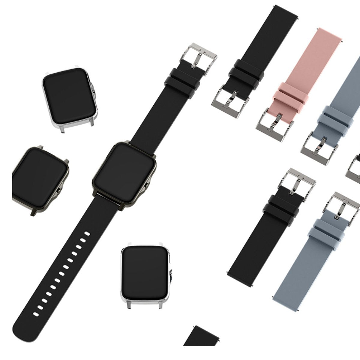 Montre connectée avec bracelets interchangeables noirs et clairs, écran rectangulaire