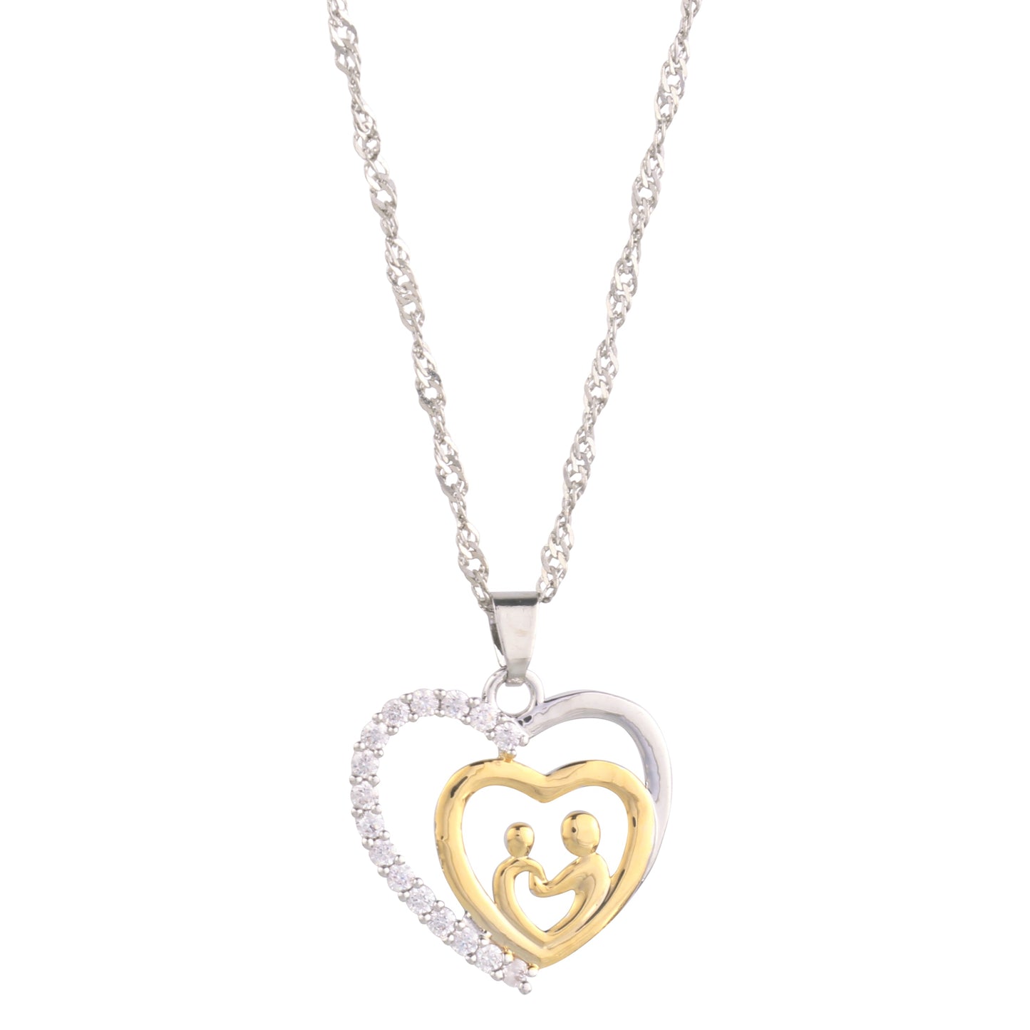 Collier pendentif cœur doré pavé, anneau cœur et motifs enfant, chaîne argentée