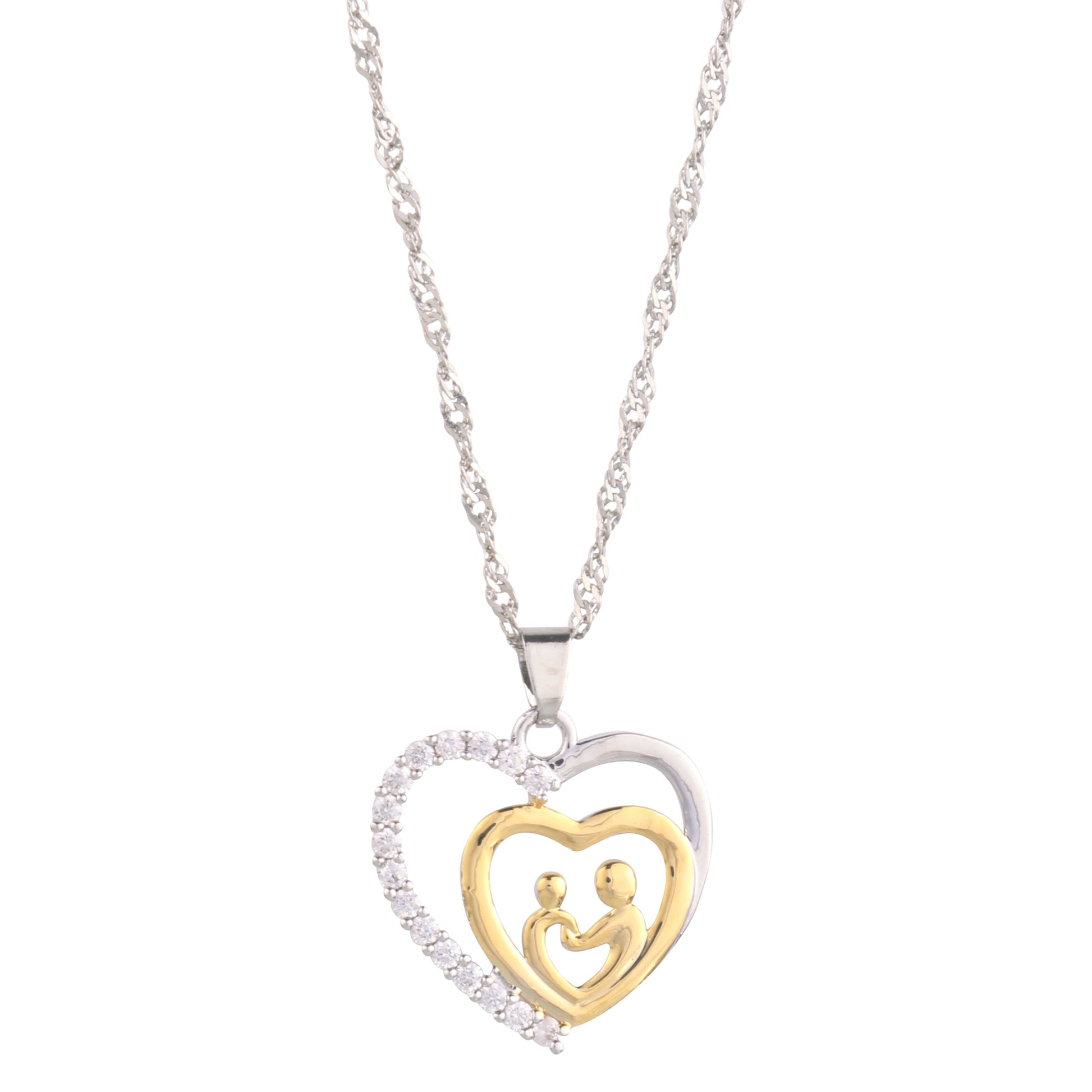 Collier pendentif cœur doré pavé, anneau cœur et motifs enfant, chaîne argentée