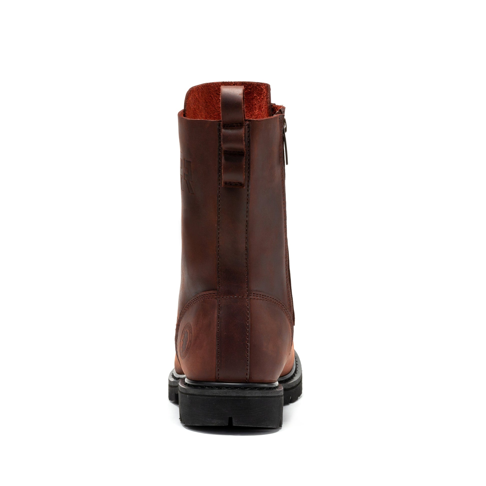 Botte de travail en cuir marron, vue arrière avec col rembourré et semelle crantée noire