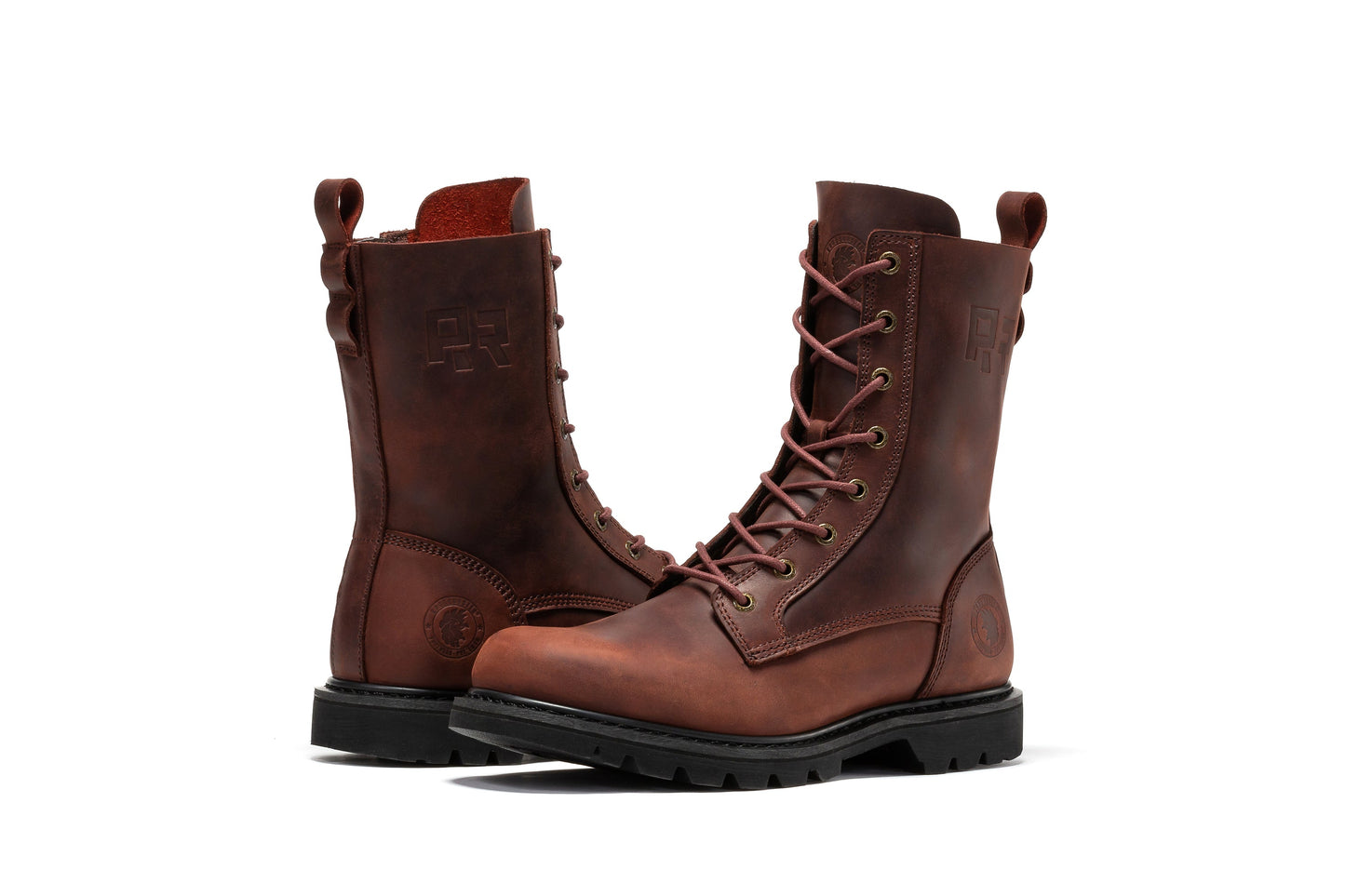 Bottes de travail en cuir marron, lacets et semelle épaisse crantée