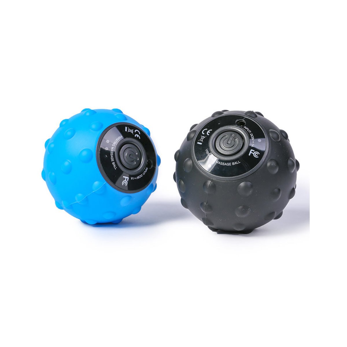 Balles de massage vibrantes Rejuv bleue et noire à picots, vues côte à côte