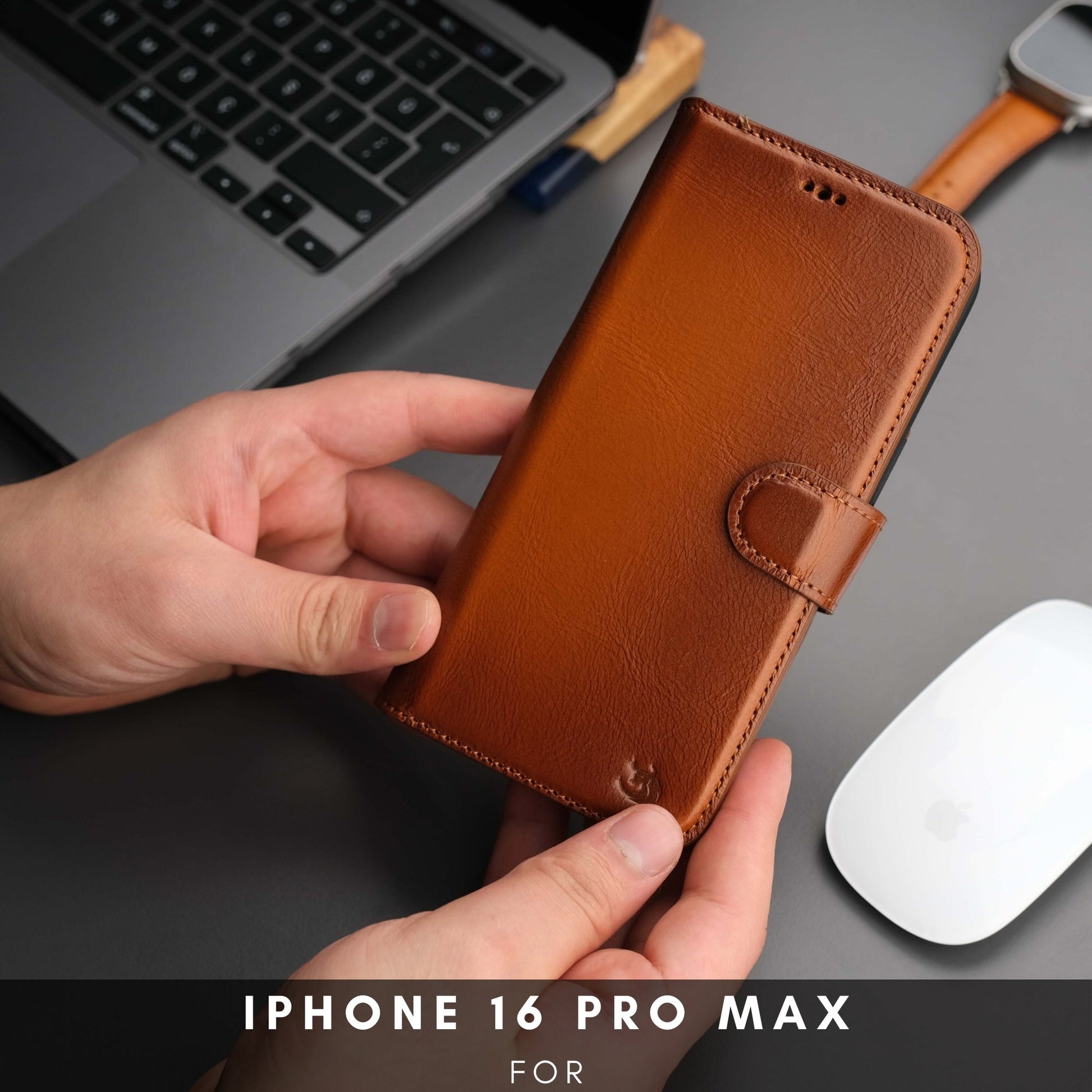 Coque portefeuille en cuir orange pour iPhone, rabat à fermeture et languette pour béquille