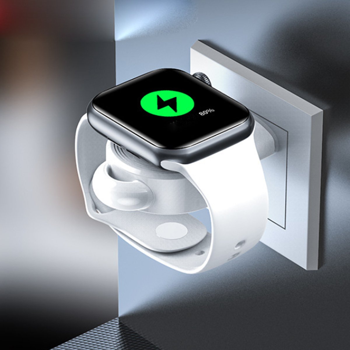 Chargeur USB compact noir avec base blanche, voyant vert sur boîtier rectangulaire