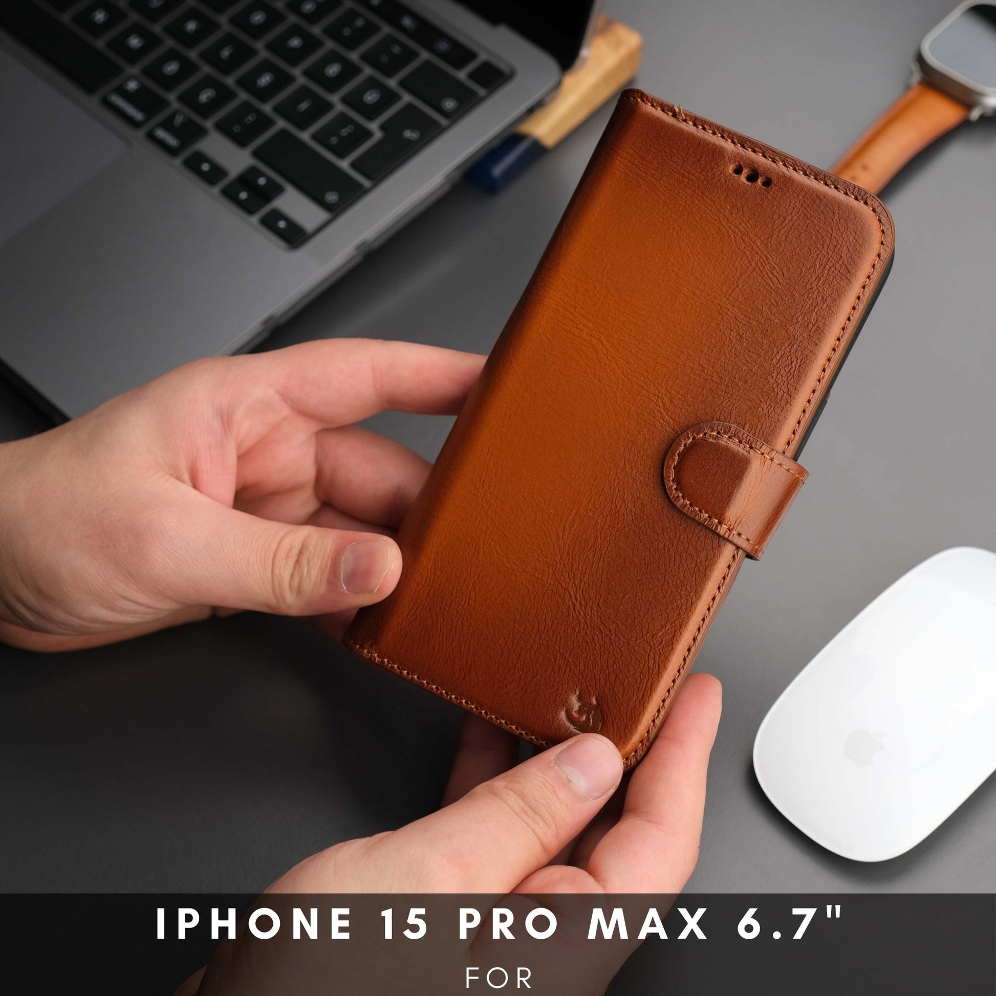 Coque portefeuille en cuir couleur tan avec rabat et boucle de fermeture pour smartphone