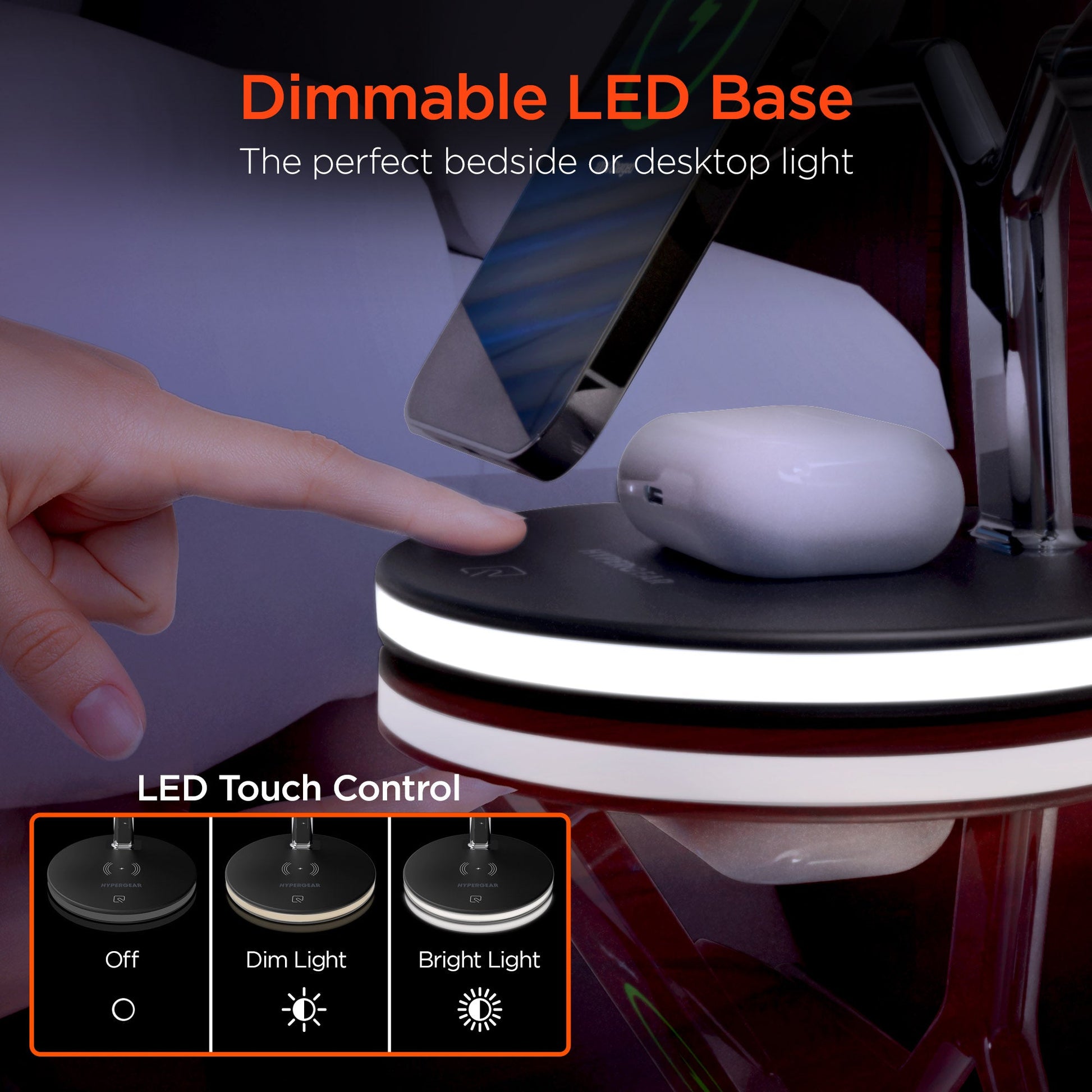 Base LED noire atténuable avec écouteurs blancs, contrôle tactile sur socle rond.