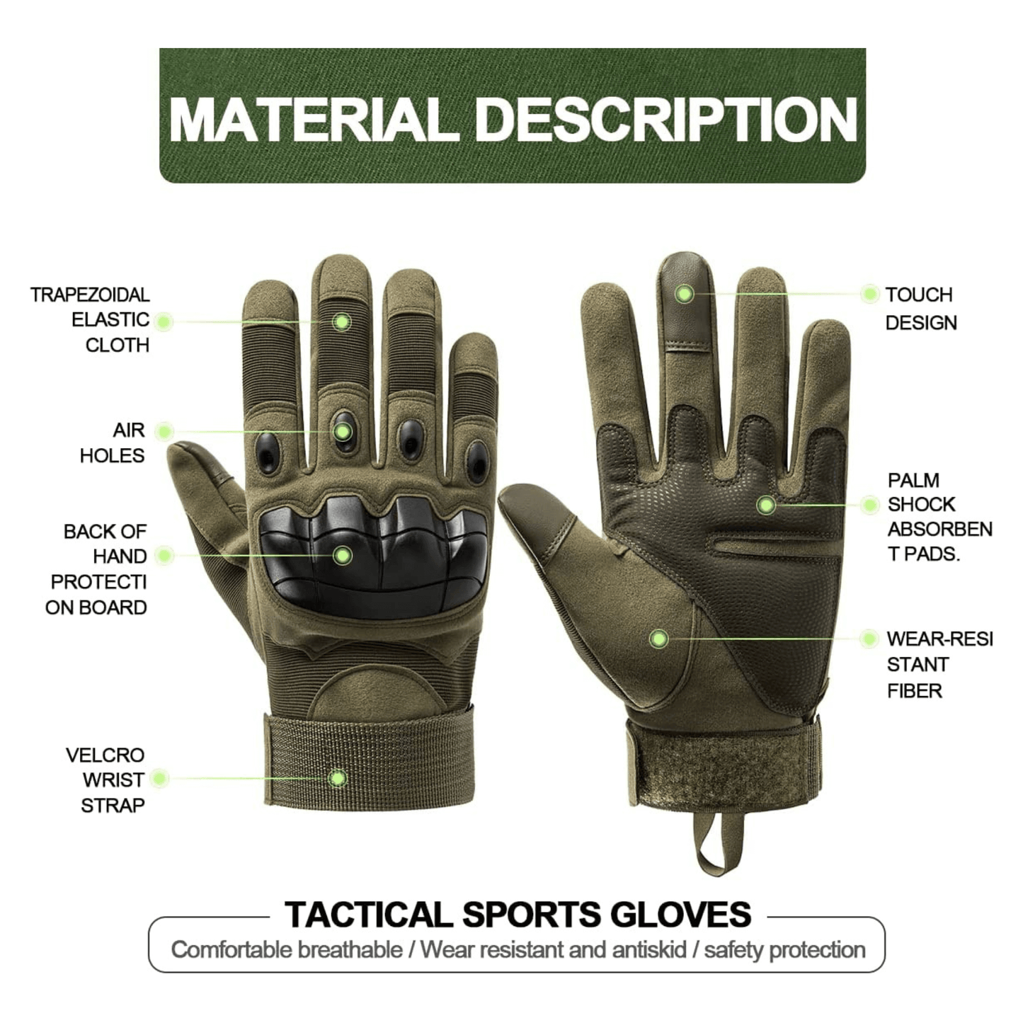 Paire de gants tactiques JupiterGear vert olive, paume renforcée et protection des jointures.