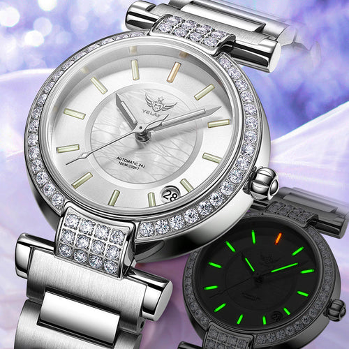 Montre femme Hemys cadran blanc serti, lunette pierres; cadran noir LED multicolore.