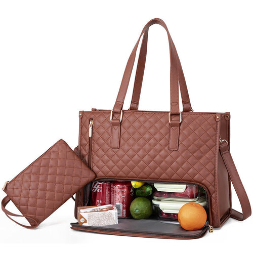 Sac cabas matelassé rose-brun 2-en-1 avec compartiment isotherme zippé et pochette amovible.