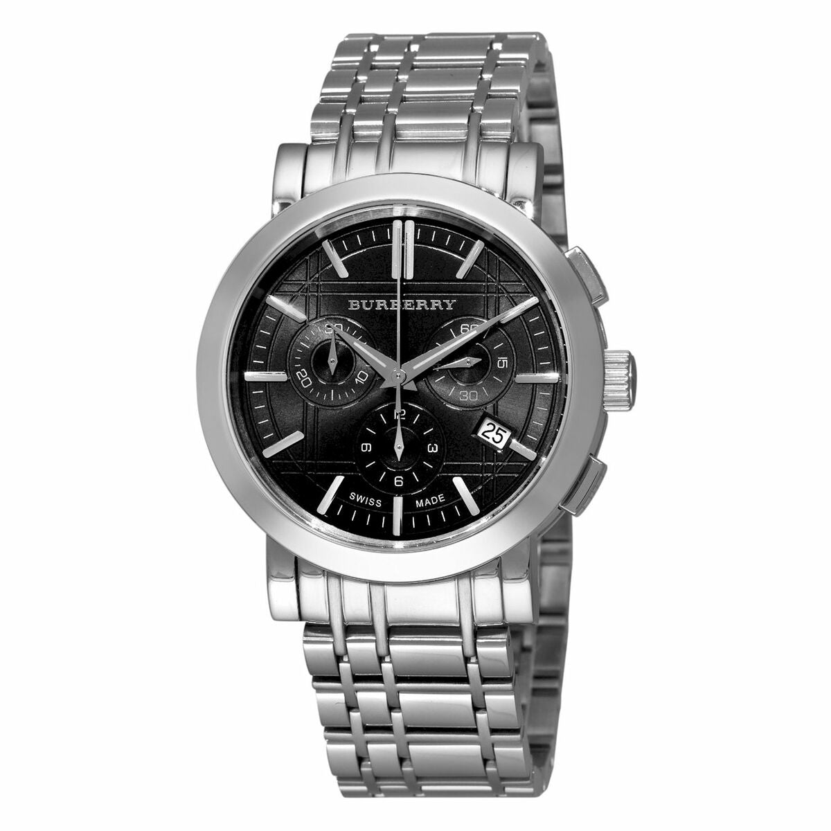 Montre Burberry à bracelet acier, cadran noir, chronographe multifonction