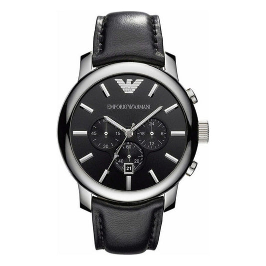 Montre homme Armani à cadran noir, bracelet cuir noir, boîtier acier Ø46 mm