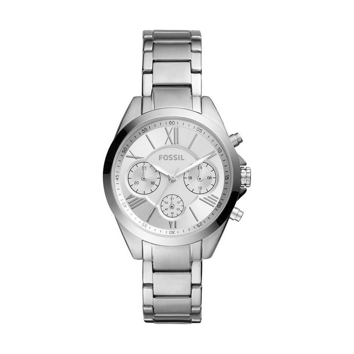 Montre quartz femme en acier, cadran blanc, chiffres romains et trois sous-cadrans