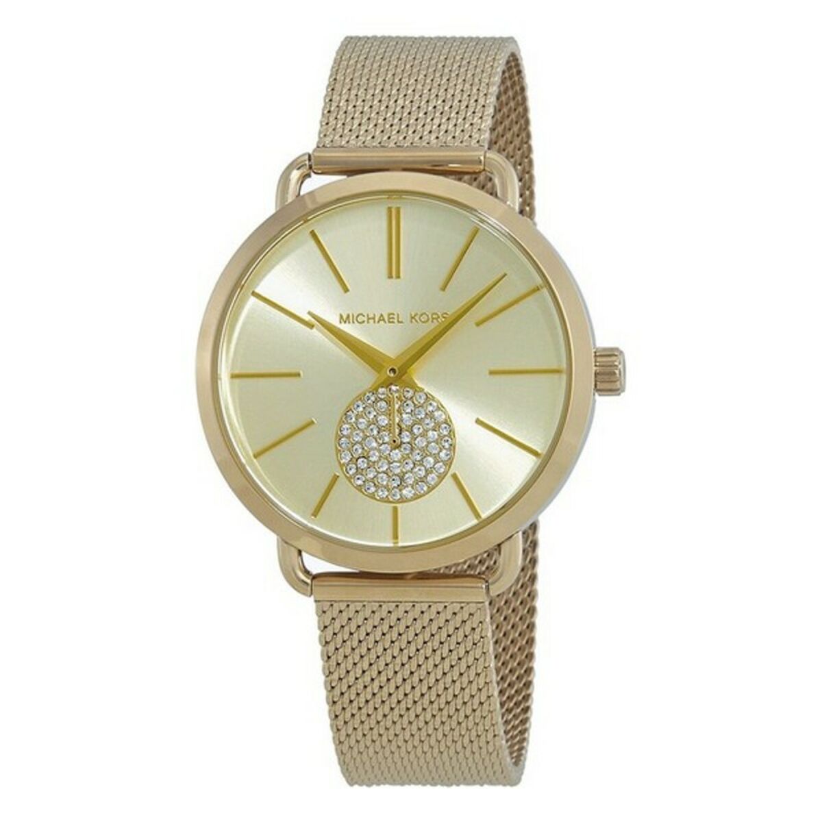 Montre femme quartz à cadran clair et bracelet maille doré, motif cœur strass
