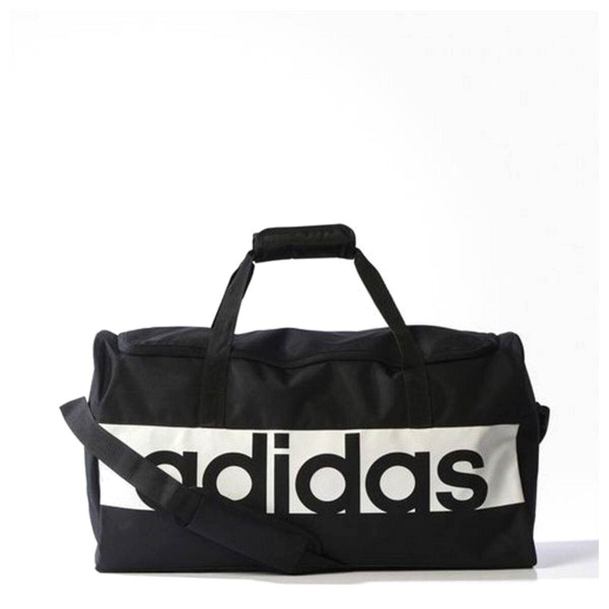 Sac de sport Adidas noir, logo blanc sur bande et poignée supérieure.