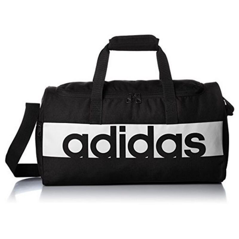 Sac de sport Adidas noir, logo blanc sur bande horizontale, poignées coussinées.