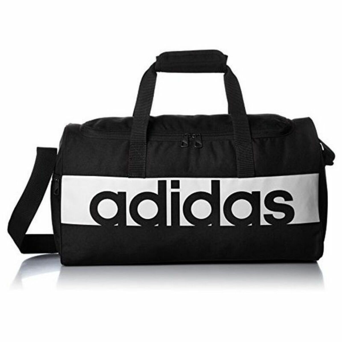 Sac de sport Adidas noir avec bandoulière, logo blanc sur bande horizontale.